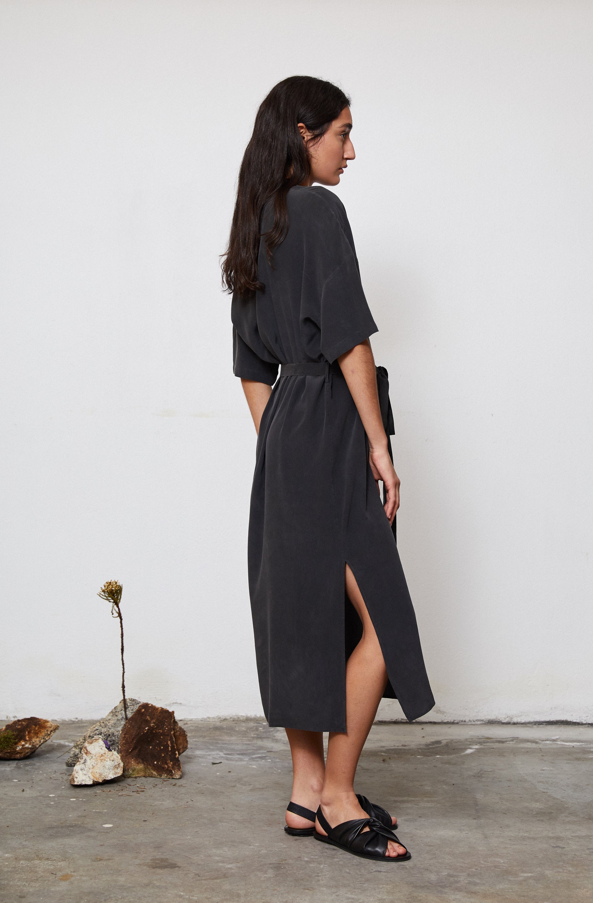 Model wearing eucalyptus T dress - relaxed fit styling