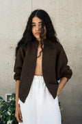 Bravo Cardigan in earth brown — hand-knitted wool.