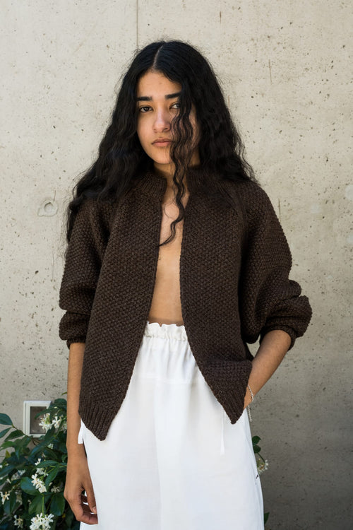Bravo Cardigan in earth brown — hand-knitted wool.