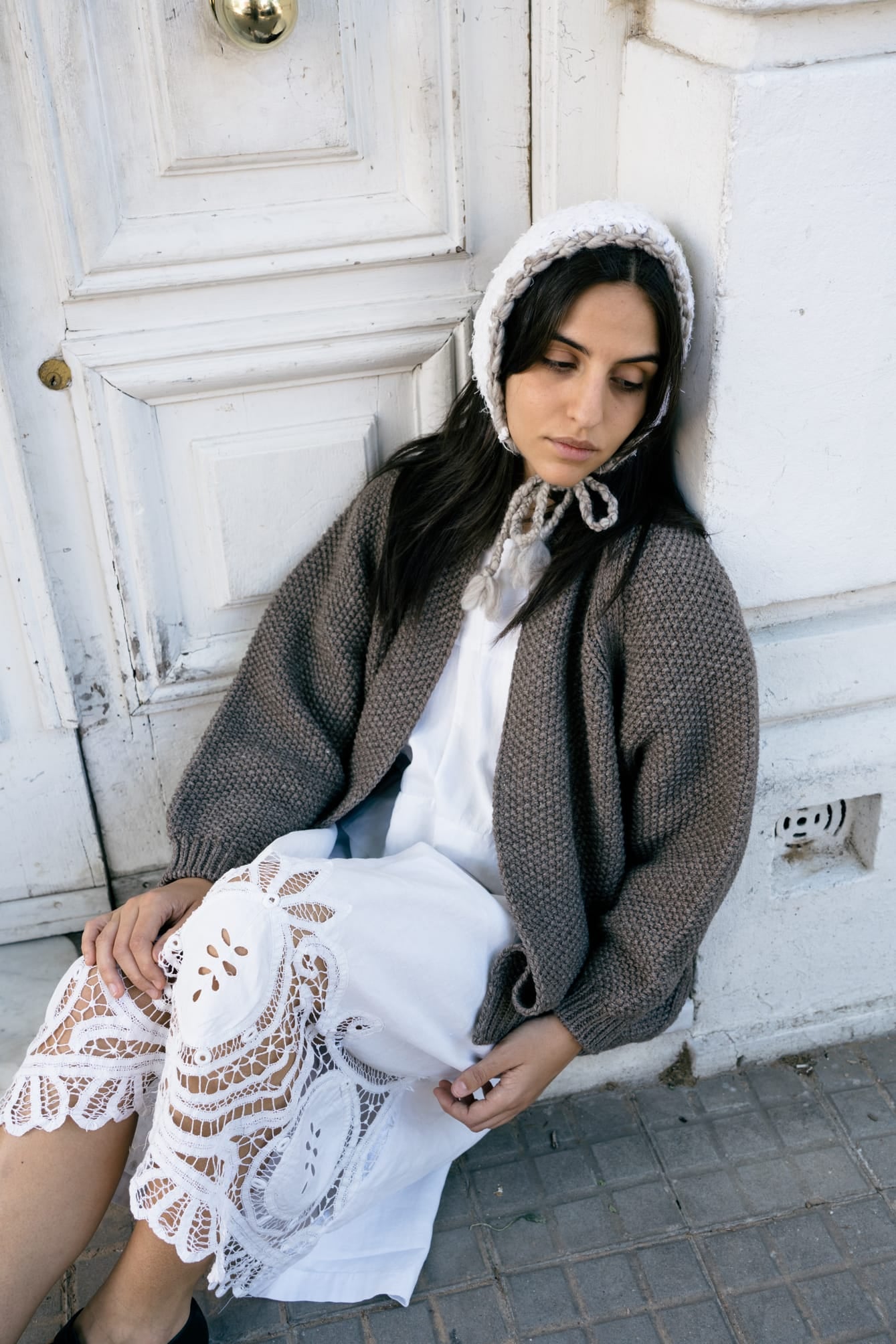 Lapacho Cardigan detail — hand-knitted merino wool texture up close.