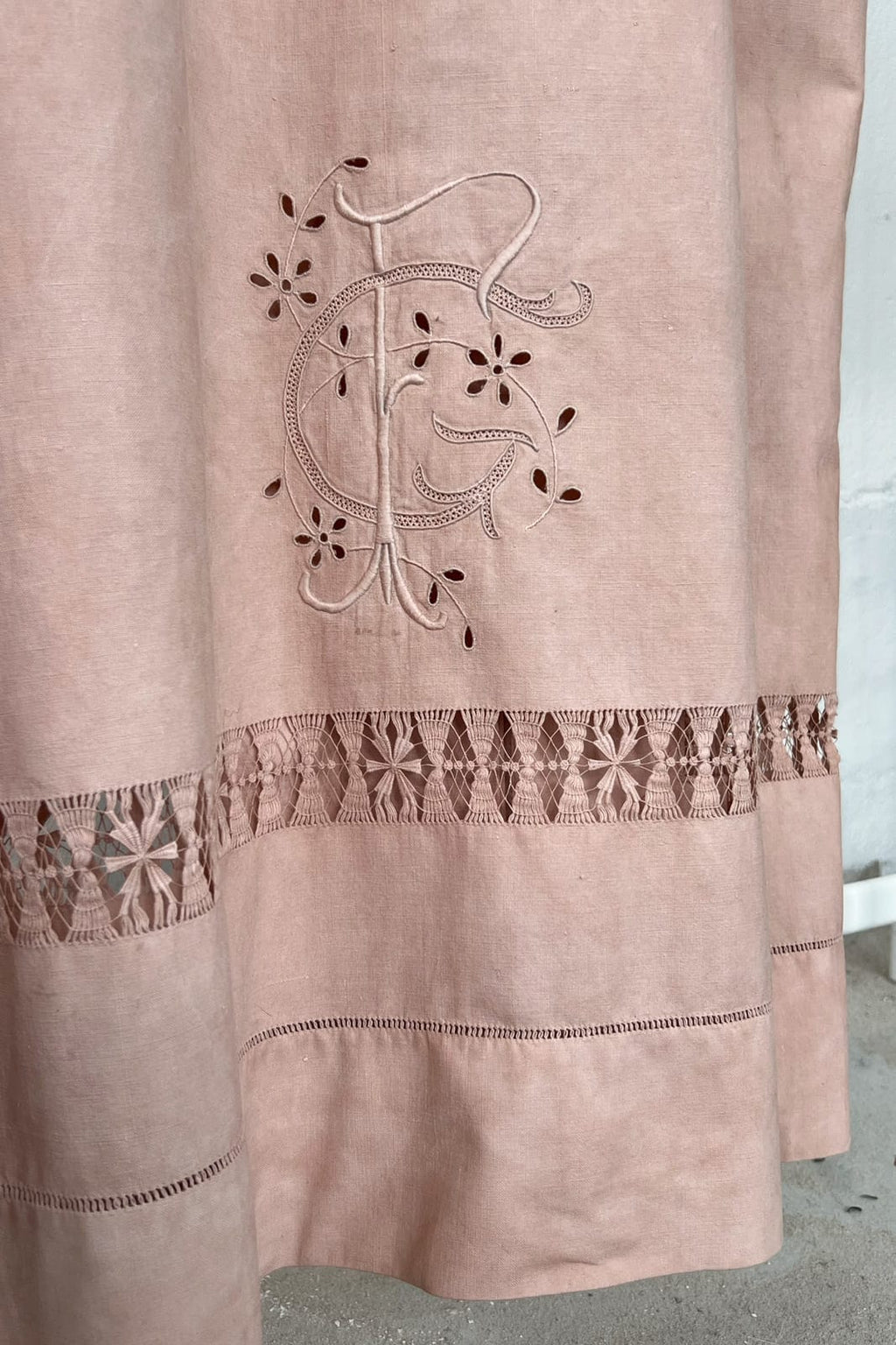 Hand embroided vintage textile, turned into a contemporary garment. Antique fabric hand dyed with avocado, resulting in a summery pink. 