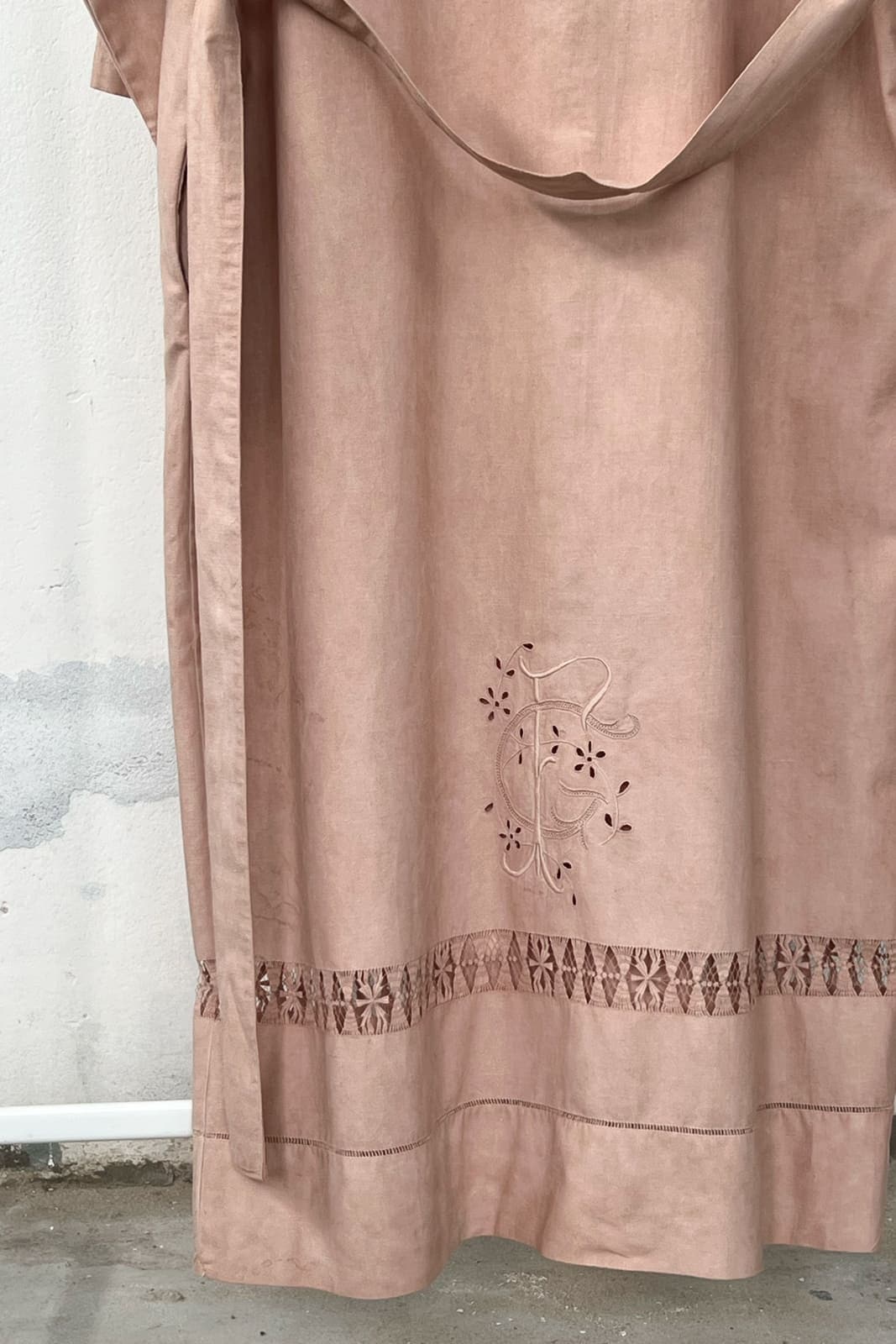 Hand embroided vintage textile, turned into a contemporary garment. Antique fabric hand dyed with avocado, resulting in a summery pink. 