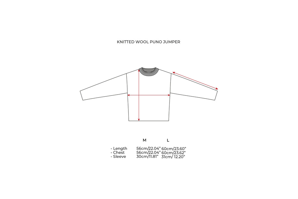 Size guide for OUND knits — measurements in cm and inches