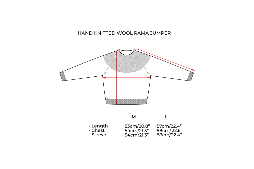 Size guide for OUND knits — measurements in cm and inches