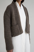 Boj Cardigan in warm brown — hand-knitted merino wool.