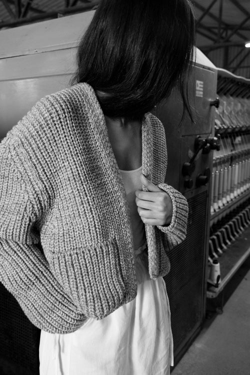 Boj Cardigan detail — hand-knitted merino wool texture up close.