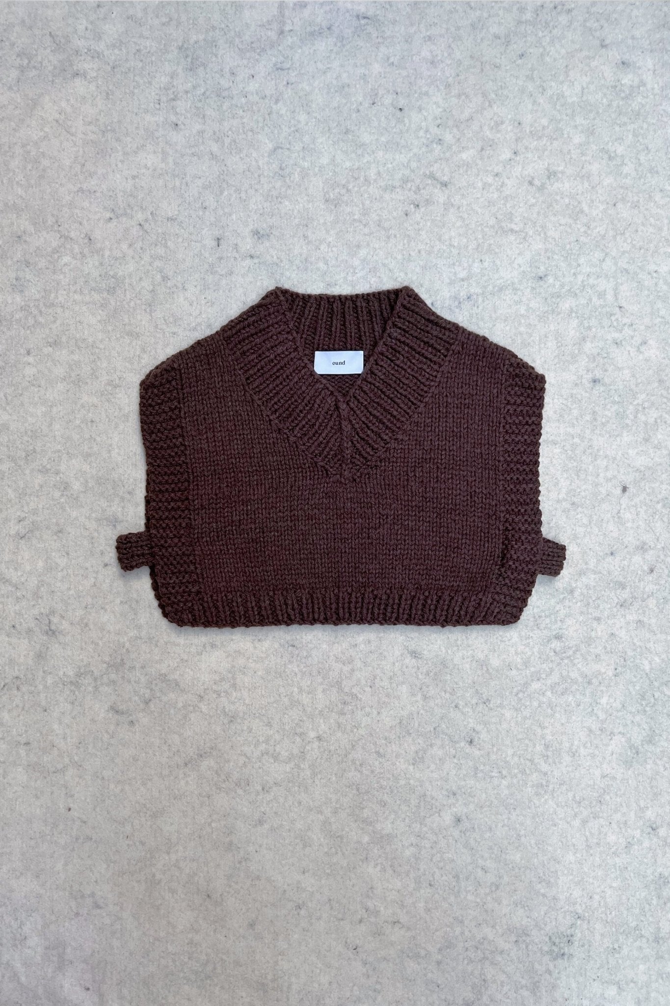 Bunon Vest in earth brown — hand-knitted wool, alternate view.