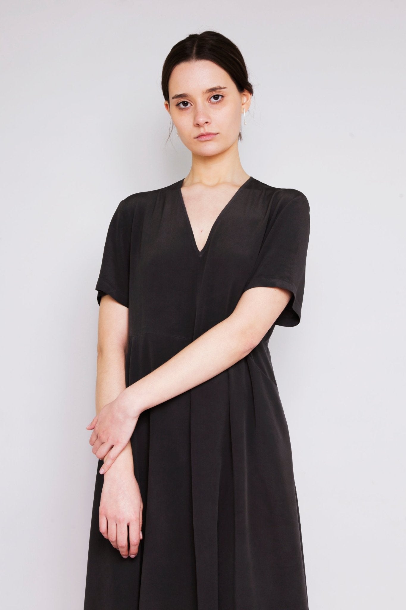 Flared Dress in deep grey-green — hand-dyed silk, alternate view.
