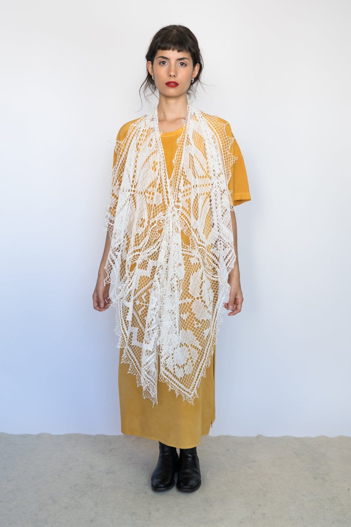 Yu Top full view — cotton lace, styled on figure.