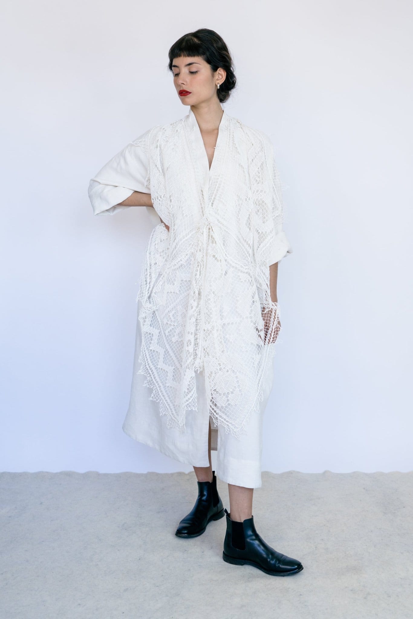 Yu Top in natural undyed tone — cotton lace, alternate view.