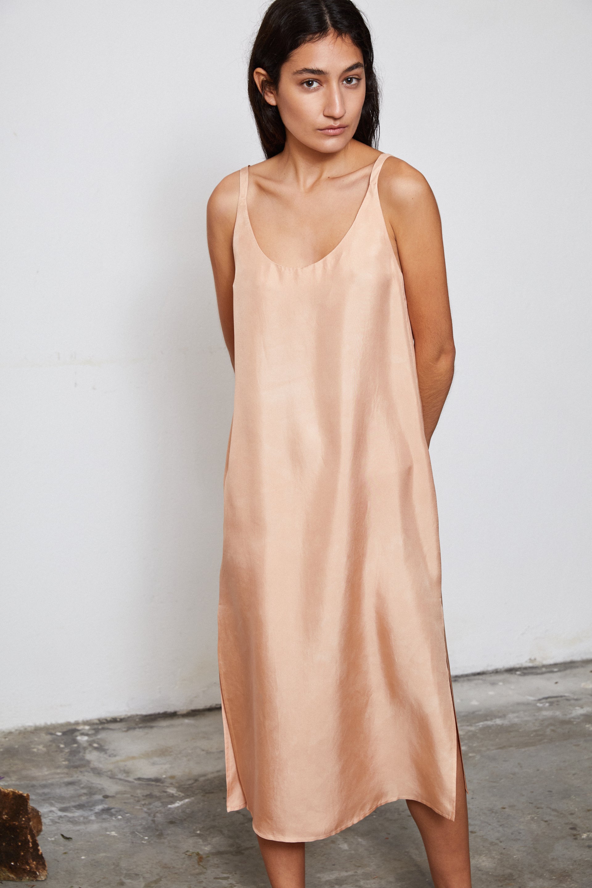 Avocado slip dress detail - fabric texture and drape