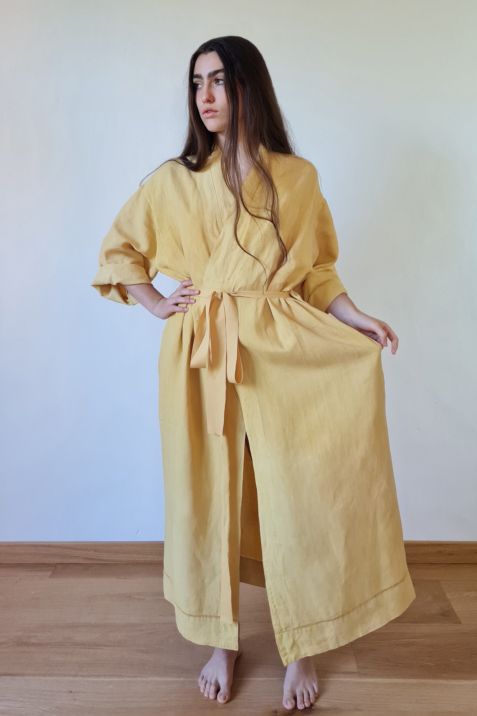 HAND DYED REPURPOSED BED LINEN - ROBE DRESS IN COTTON