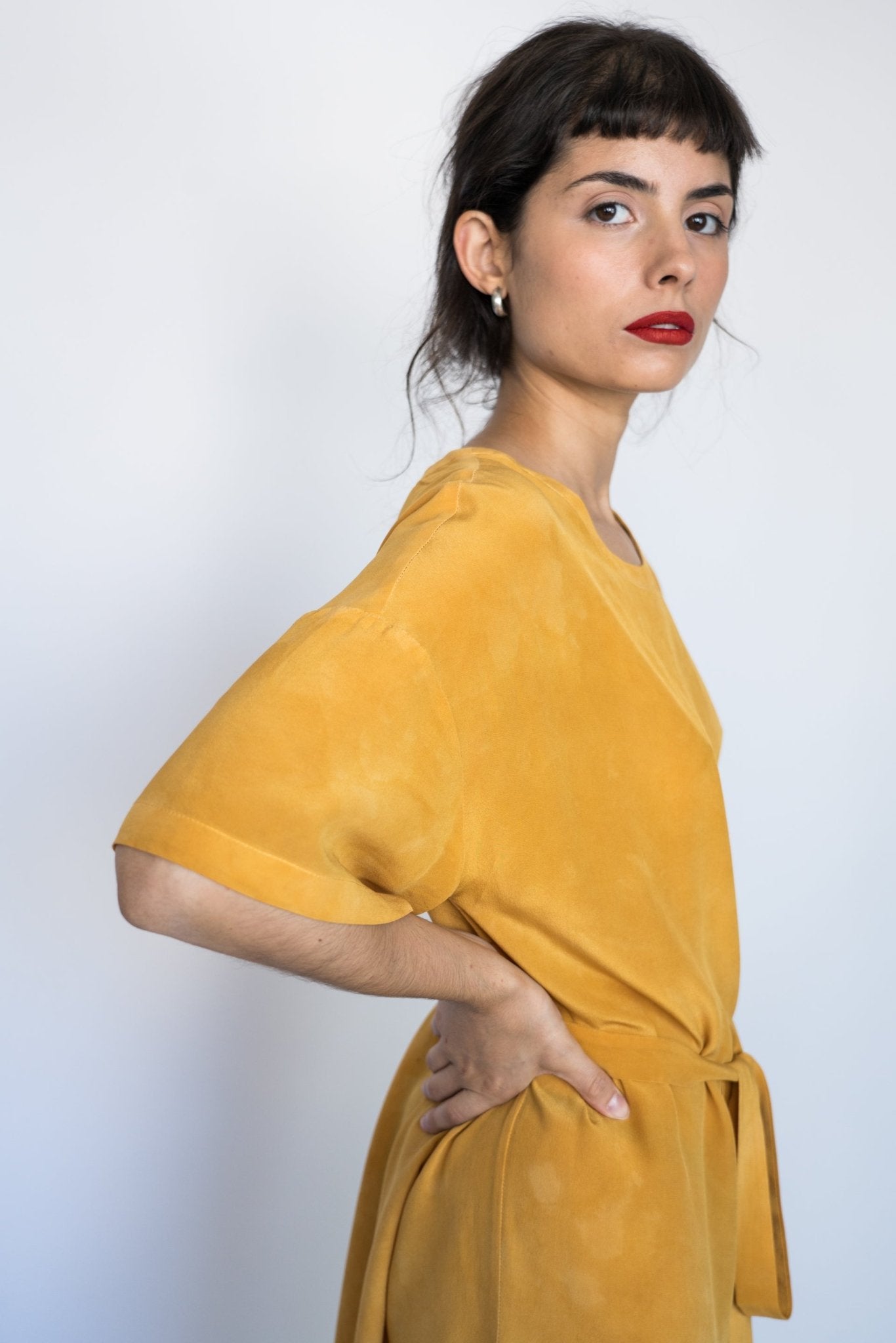 Hand dyed silk dress, onion tone